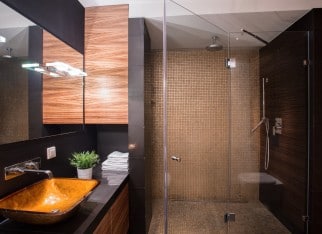 Dark bathroom with big shower