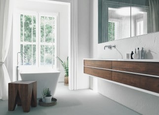 Modern bright sunny white bathroom interior