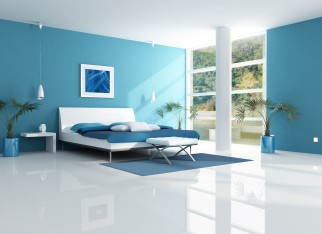 blue bedroom in a lake house - rendering