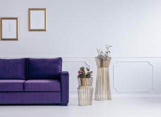 Plants next to purple sofa against grey wall with drawings in gold frames in living room interior