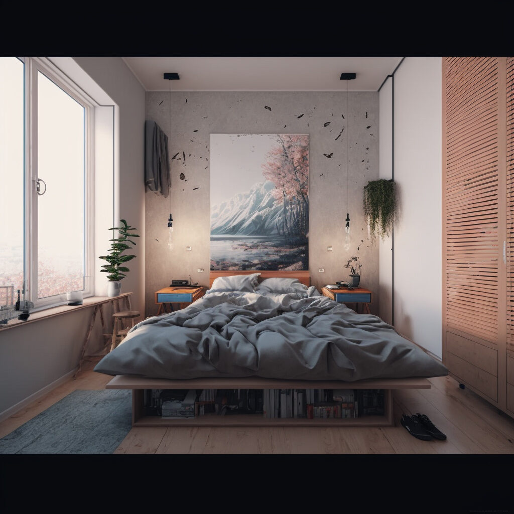 sypialnia z drewnianymi elementami
