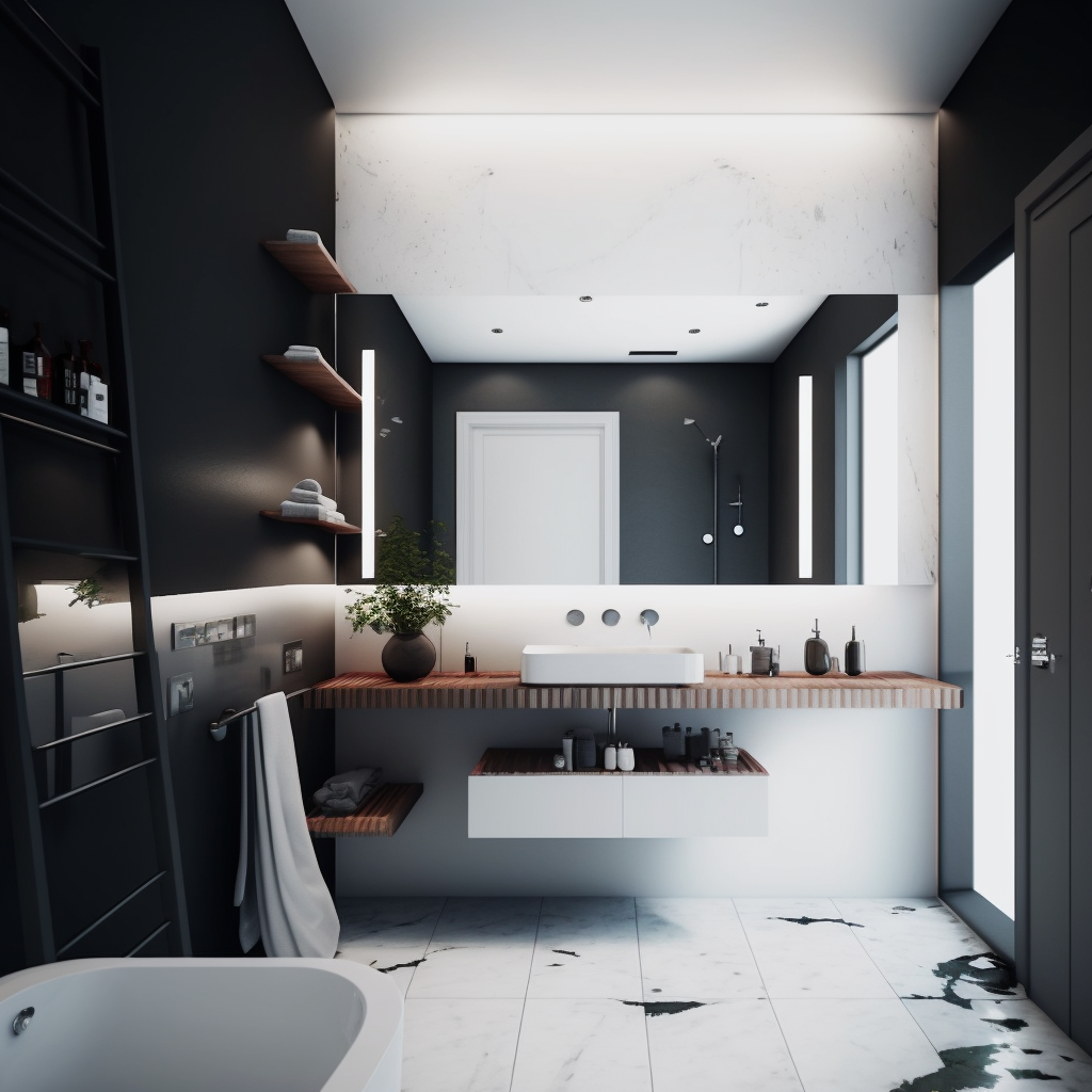 łazienka czarno białą z drewnem