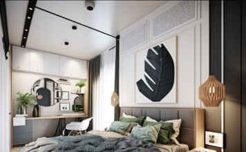 piękna nowoczesna sypialnia pościel w kolorze szałwiowym
