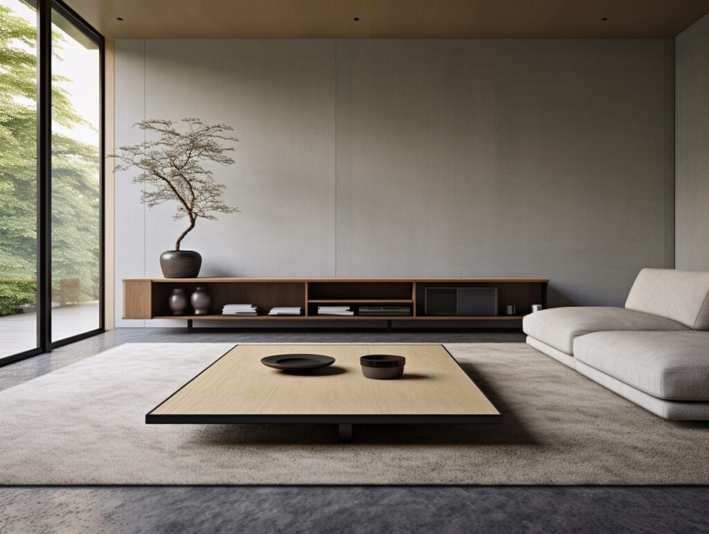 salon w stylu japońskim z szarym dywanem